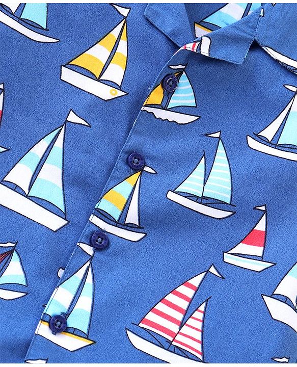 Babyhug Poplin Woven Half Sleeves Night Suit with Boat Print - Blue