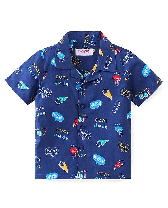 Babyhug Poplin Woven Half Sleeves Night Suit Text Bubbles Print - Navy
