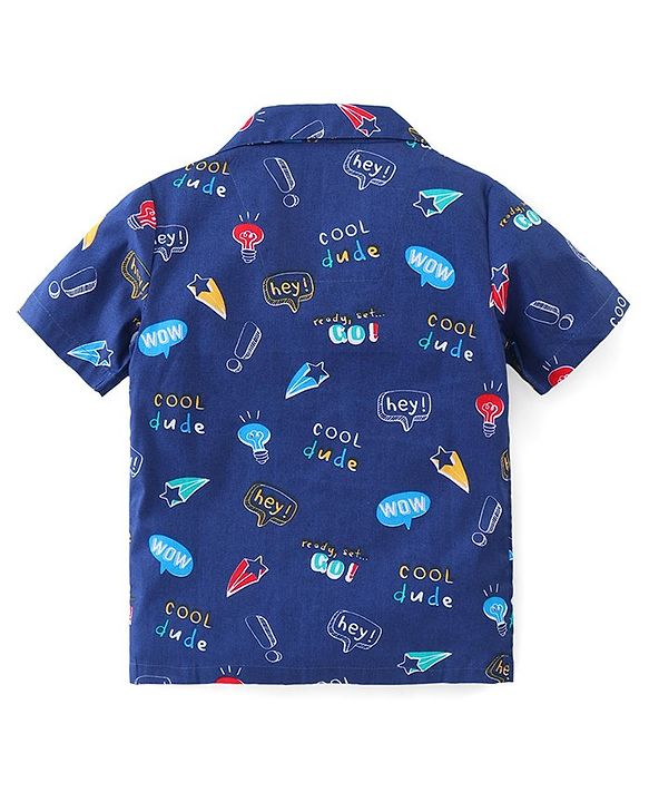 Babyhug Poplin Woven Half Sleeves Night Suit Text Bubbles Print - Navy