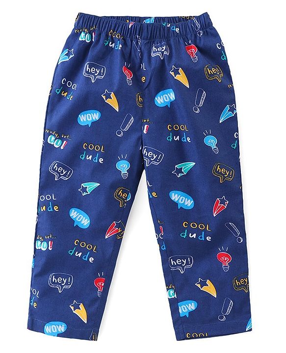 Babyhug Poplin Woven Half Sleeves Night Suit Text Bubbles Print - Navy