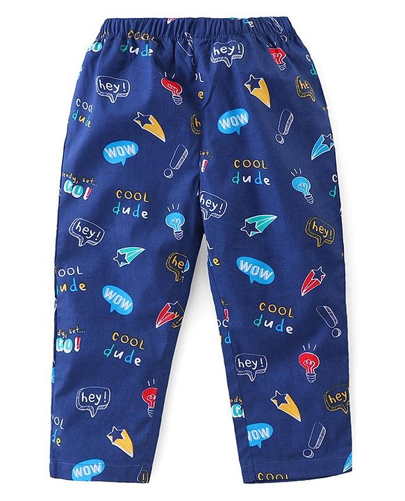 Babyhug Poplin Woven Half Sleeves Night Suit Text Bubbles Print - Navy