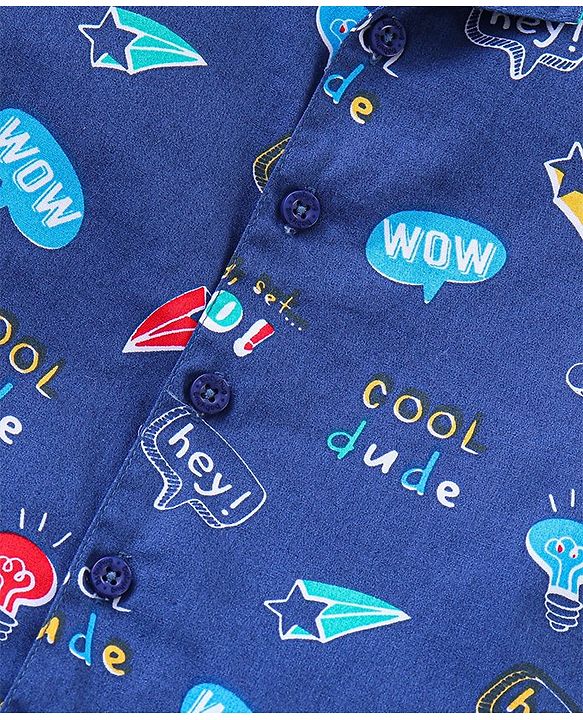 Babyhug Poplin Woven Half Sleeves Night Suit Text Bubbles Print - Navy