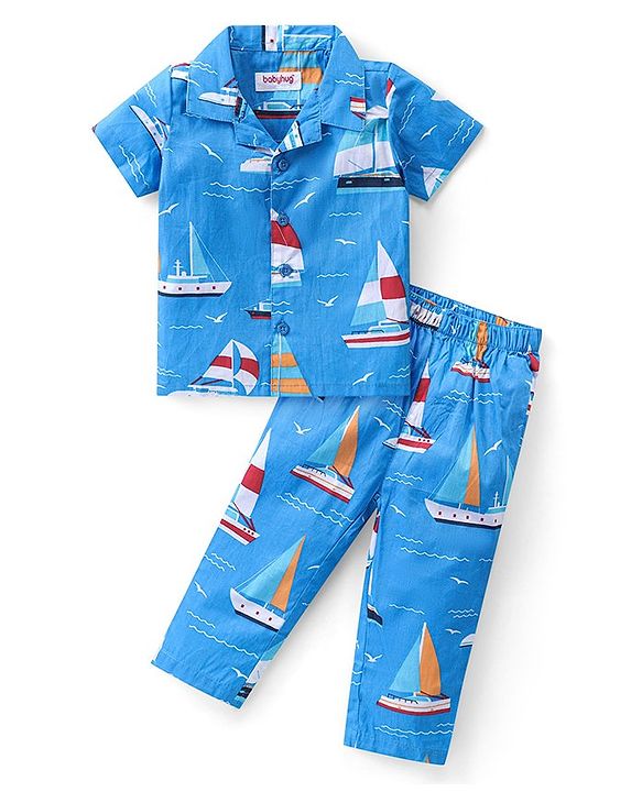 Babyhug Woven Half Sleeves Night Suit Boat Print - Blue