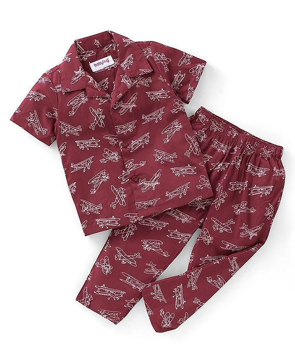 Babyhug Poplin Woven Half Sleeves Night Suit Airplane Print - Maroon