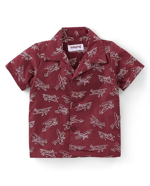 Babyhug Poplin Woven Half Sleeves Night Suit Airplane Print - Maroon