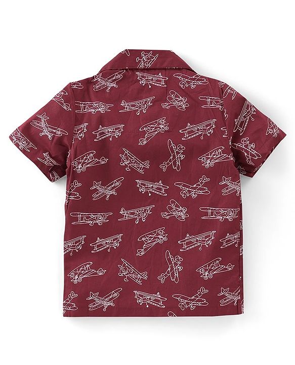 Babyhug Poplin Woven Half Sleeves Night Suit Airplane Print - Maroon