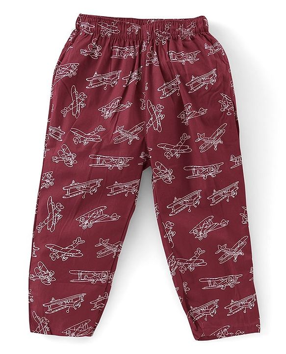 Babyhug Poplin Woven Half Sleeves Night Suit Airplane Print - Maroon