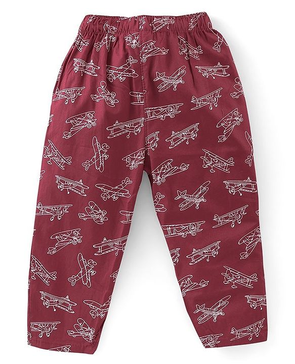 Babyhug Poplin Woven Half Sleeves Night Suit Airplane Print - Maroon
