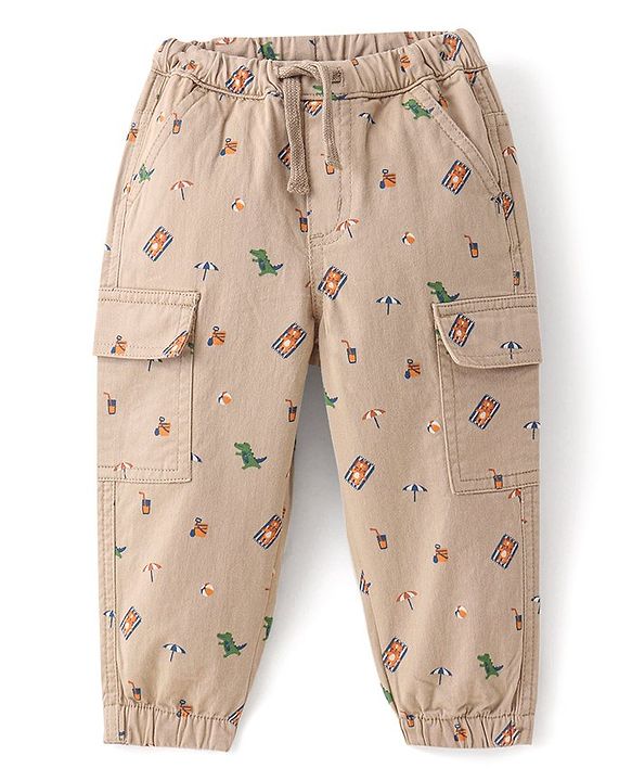 Babyhug Cotton Lycra Woven Full Length Trousers With Stretch Beach Theme Print-Khaki