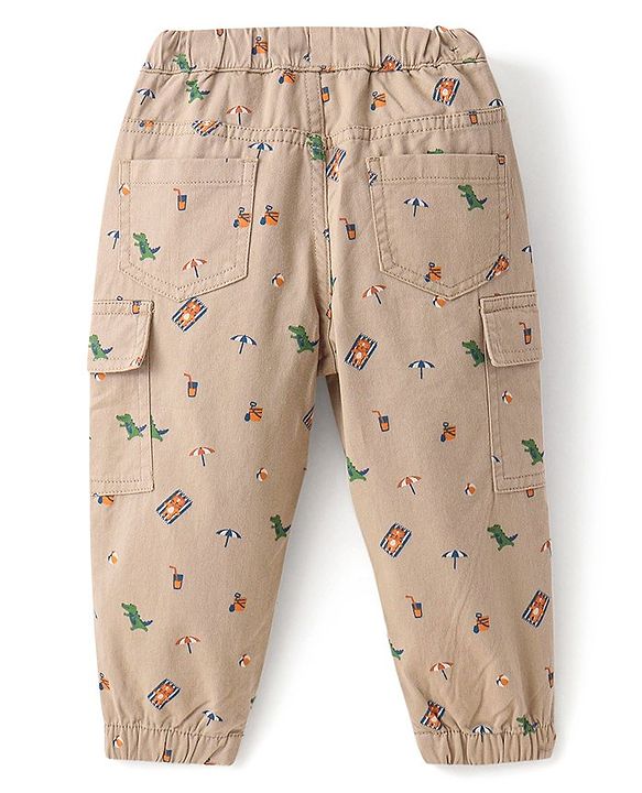 Babyhug Cotton Lycra Woven Full Length Trousers With Stretch Beach Theme Print-Khaki