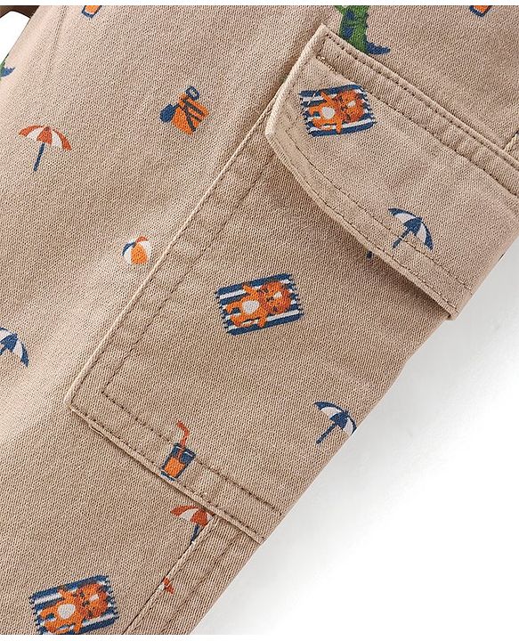 Babyhug Cotton Lycra Woven Full Length Trousers With Stretch Beach Theme Print-Khaki