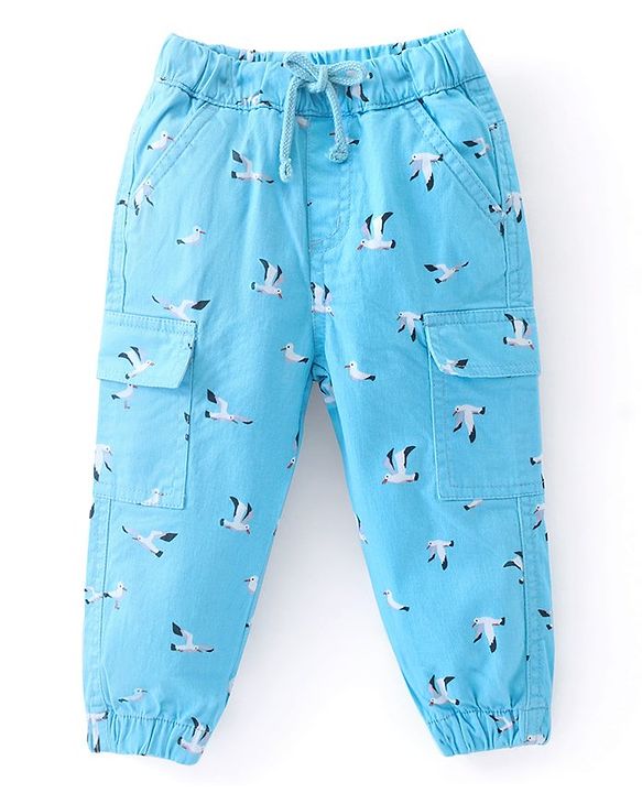 Babyhug Cotton Lycra With Stretch Woven Full Length Trousers With Bird Print - Blue
