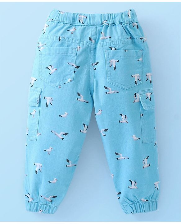 Babyhug Cotton Lycra With Stretch Woven Full Length Trousers With Bird Print - Blue