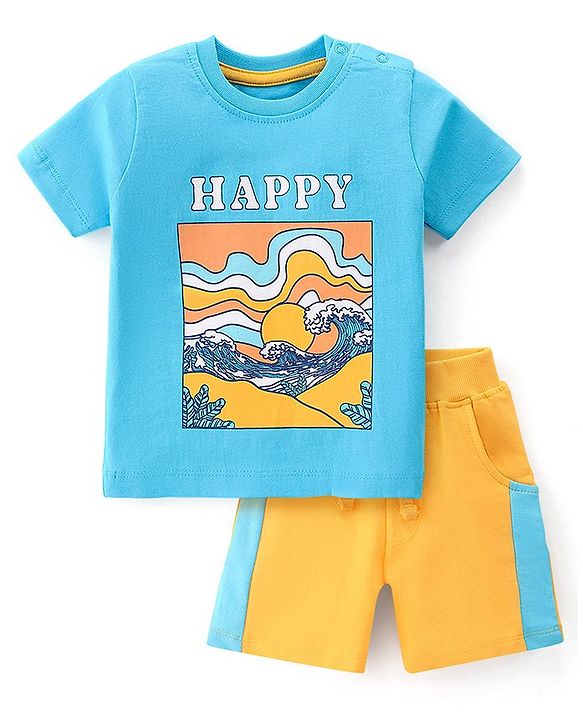 Babyhug Single Jersey Knit Half Sleeves T-Shirt with Shorts Set Beach Theme - Blue & Yellow