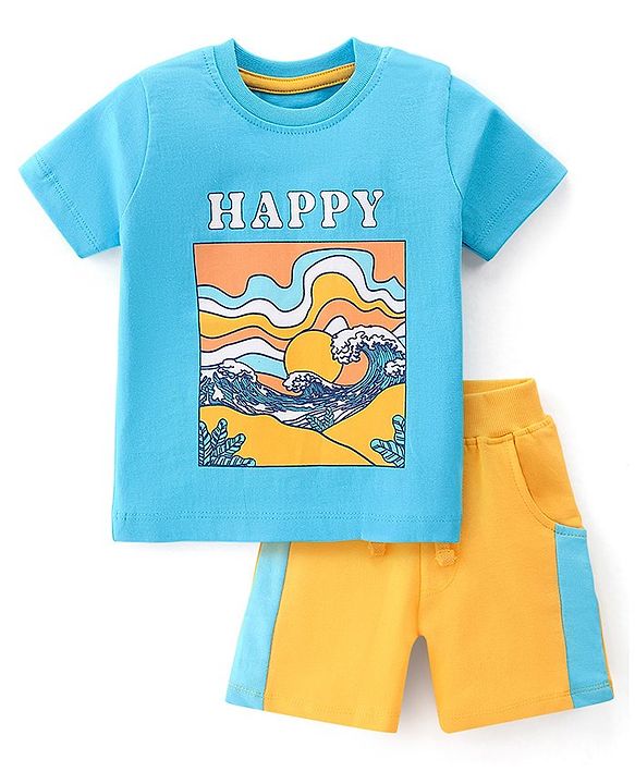 Babyhug Single Jersey Knit Half Sleeves T-Shirt with Shorts Set Beach Theme - Blue & Yellow