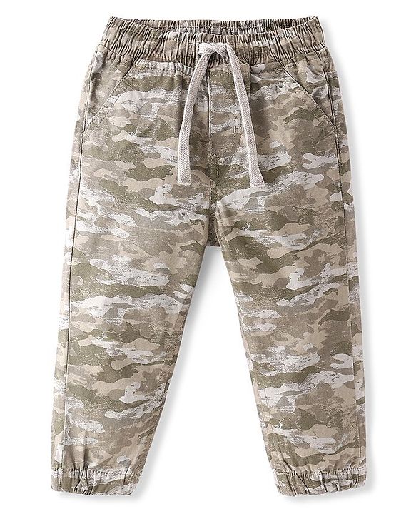 Babyhug Cotton Woven Full Length Trousers with Stretch Camouflage Print -Beige