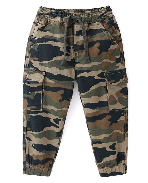 Babyhug Cotton Lycra Woven Full Length Camouflage Printed Stretchable Jogger - Olive Green