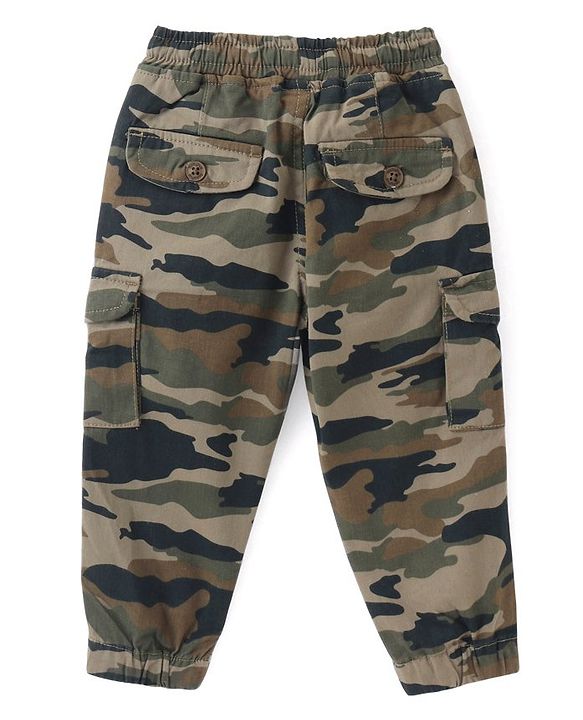 Babyhug Cotton Lycra Woven Full Length Camouflage Printed Stretchable Jogger - Olive Green