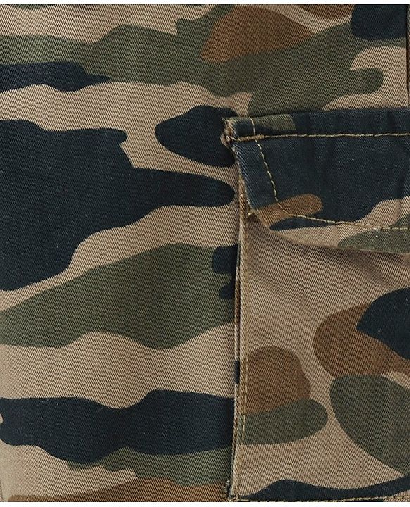 Babyhug Cotton Lycra Woven Full Length Camouflage Printed Stretchable Jogger - Olive Green