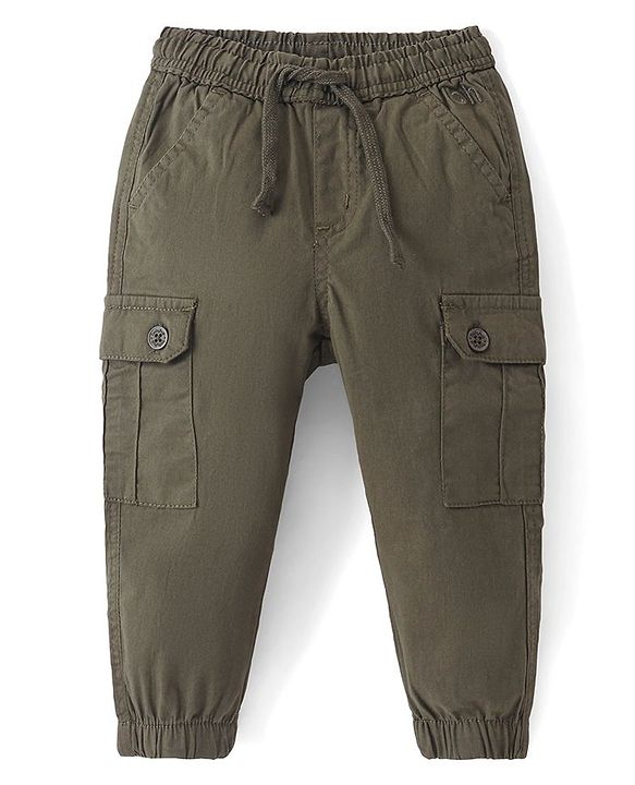 Babyhug Cotton Lycra Woven Full Length Pants Jogger Fit - Olive