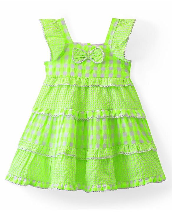 Babyhug Seer Sucker Woven Cap Sleeves Checkered Frock with Bow Applique - Green