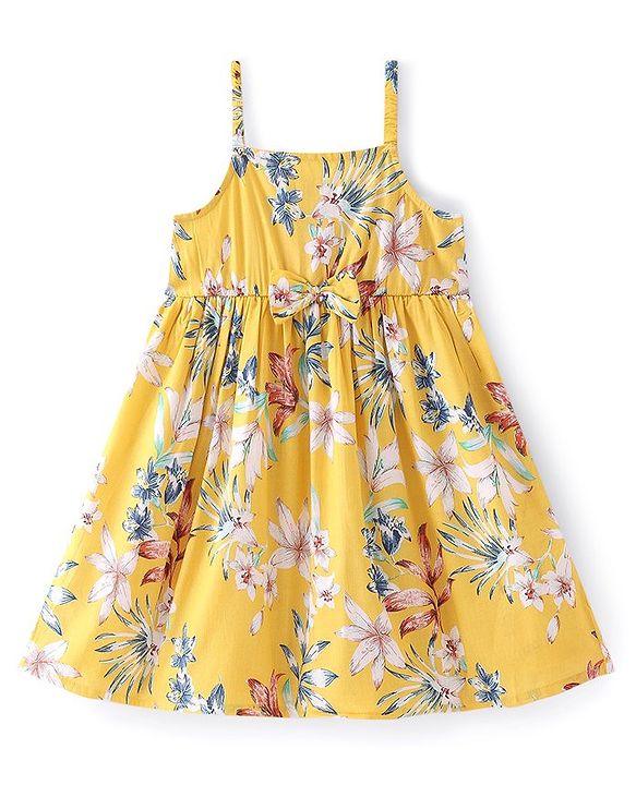 Babyhug Rayon Sleeveless Floral Printed A-Line Frock with Bow - Yellow