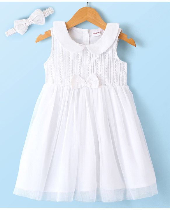 Babyhug Cambric Woven Sleeveless Frock with Headband & Lace Detailing Bow Applique - White