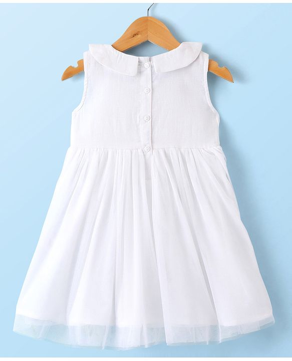 Babyhug Cambric Woven Sleeveless Frock with Headband & Lace Detailing Bow Applique - White