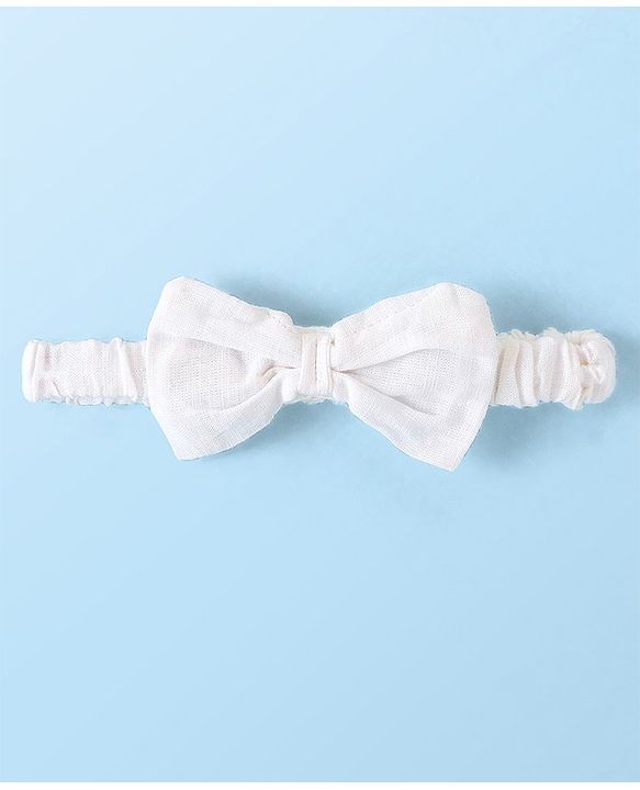 Babyhug Cambric Woven Sleeveless Frock with Headband & Lace Detailing Bow Applique - White