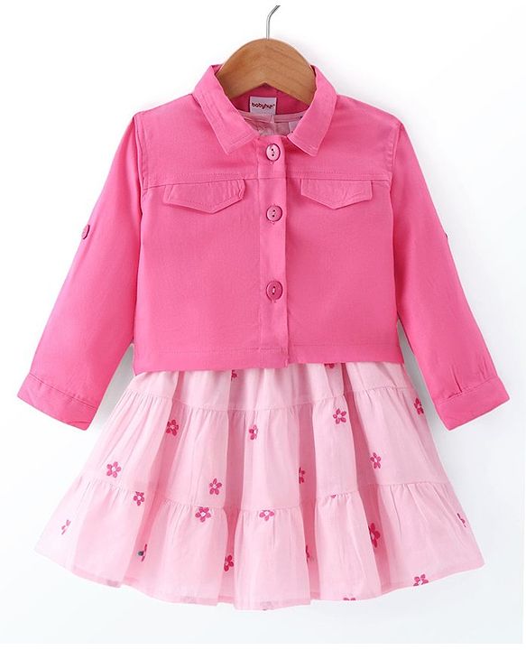 Babyhug 100% Cotton Cambric Frock With Full Sleeves Jacket Floral Print - Pink