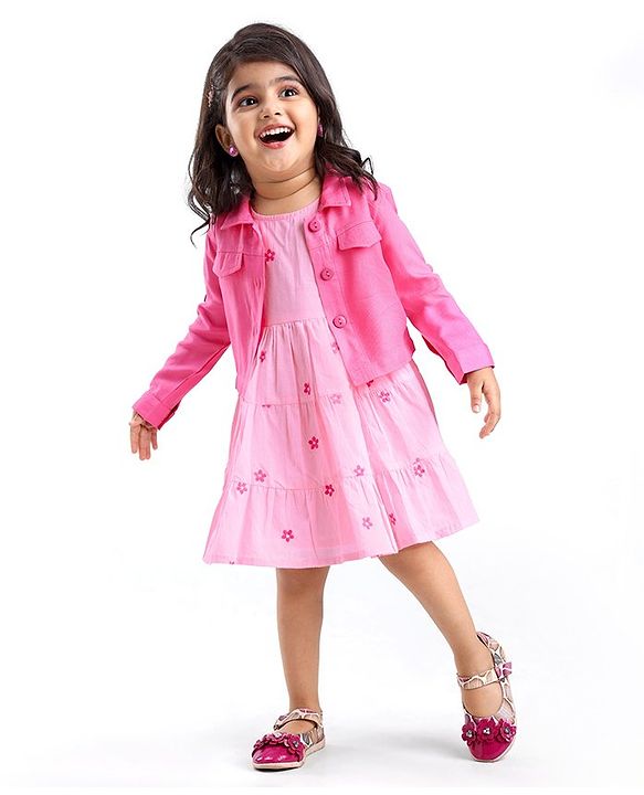 Babyhug 100% Cotton Cambric Frock With Full Sleeves Jacket Floral Print - Pink