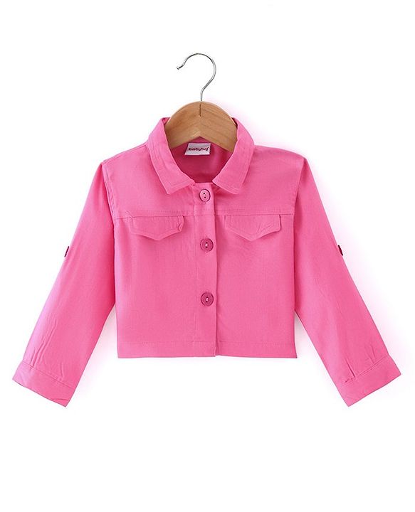Babyhug 100% Cotton Cambric Frock With Full Sleeves Jacket Floral Print - Pink