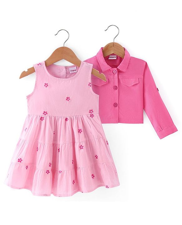 Babyhug 100% Cotton Cambric Frock With Full Sleeves Jacket Floral Print - Pink