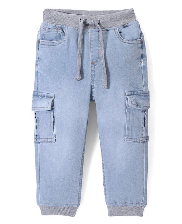 Babyhug Denim Washed Full Length Joggers with Stretch Solid Colour  - Blue