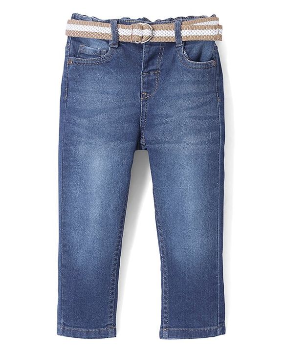 Babyhug Full Length With Stretch Denim Washed Jeans - Blue