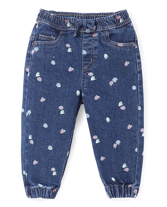 Babyhug Full Length Stretchable Denim Jogger Strawberry Print - Blue