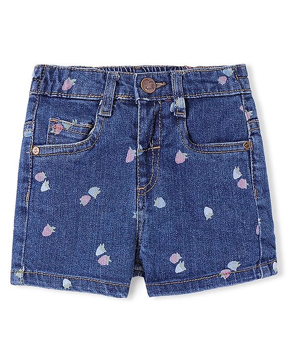 Babyhug Denim Mid Thigh Shorts With Strawberry Print - Blue
