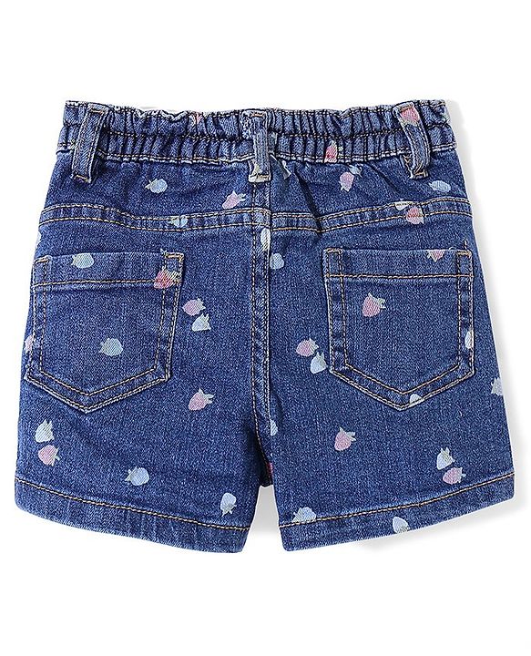 Babyhug Denim Mid Thigh Shorts With Strawberry Print - Blue