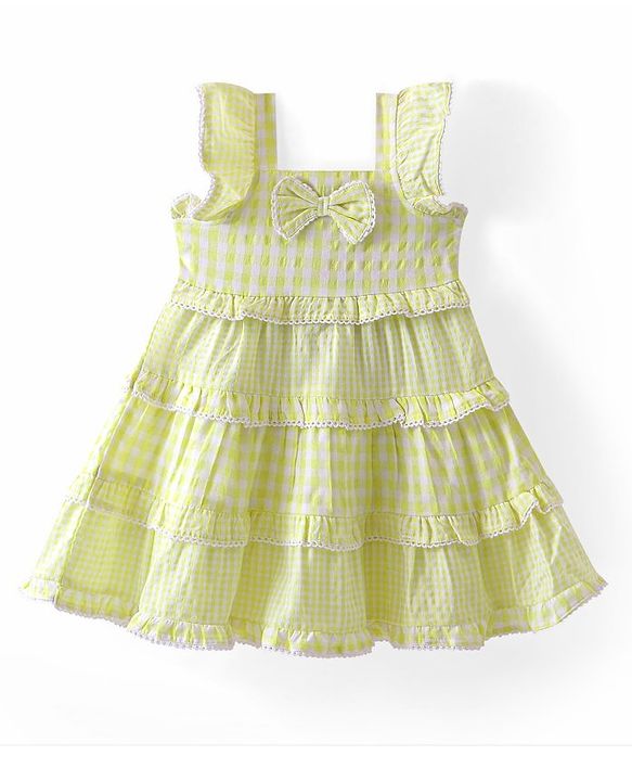 Babyhug Seer Sucker Woven Checked Tiered Sleeveless Frock Bow Applique - Yellow