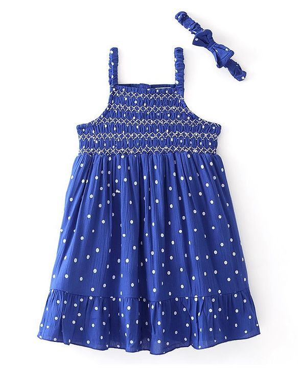Babyhug Rayon Sleeveless Singlet Frock with Headband Polka Dot Print - Blue