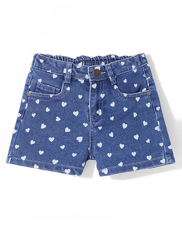 Babyhug Mid Thigh Length Stretchable Denim Shorts Hearts Print - Dark Blue