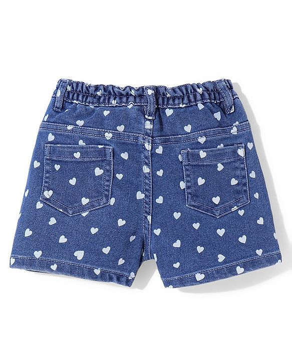 Babyhug Mid Thigh Length Stretchable Denim Shorts Hearts Print - Dark Blue