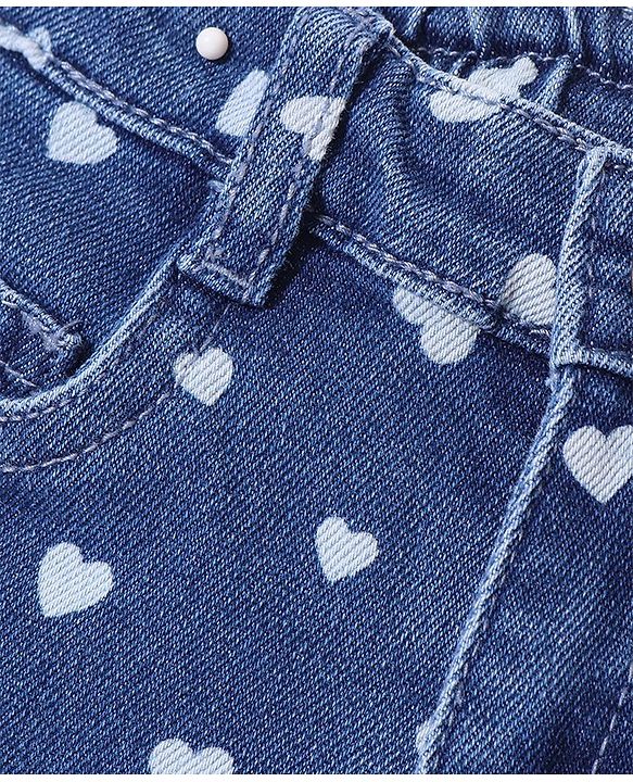 Babyhug Mid Thigh Length Stretchable Denim Shorts Hearts Print - Dark Blue