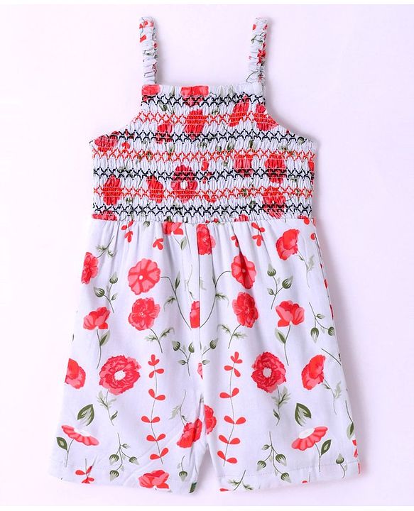 Babyhug Rayon Sleeveless Jumpsuit with Smocking Detailing Floral Print - Multicolour