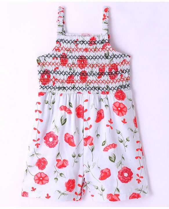 Babyhug Rayon Sleeveless Jumpsuit with Smocking Detailing Floral Print - Multicolour