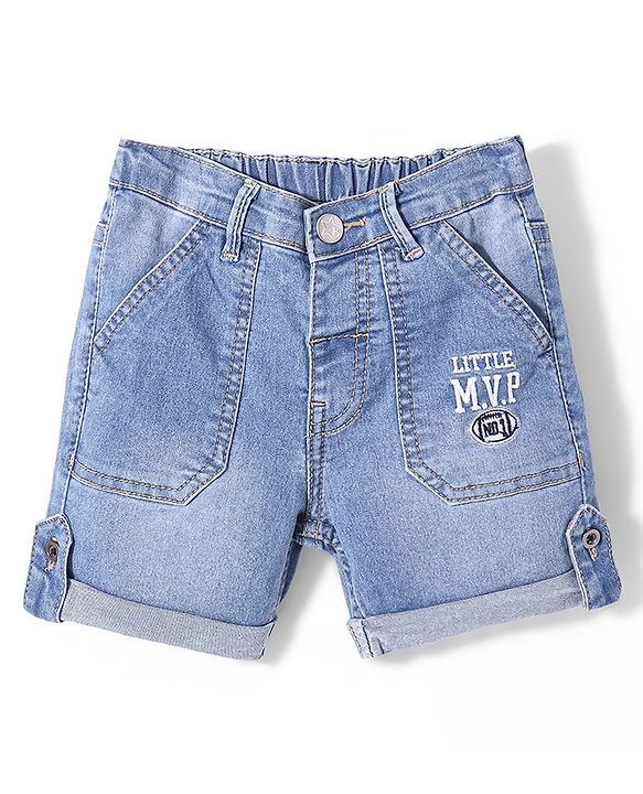 Babyhug Denim Text  Embroidered Stretchable Shorts - Blue