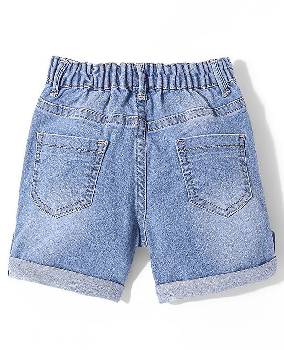 Babyhug Denim Text  Embroidered Stretchable Shorts - Blue