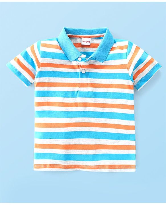 Babyhug 100% Cotton Knit Half Sleeves Striped Polo T-Shirt- Multicolor