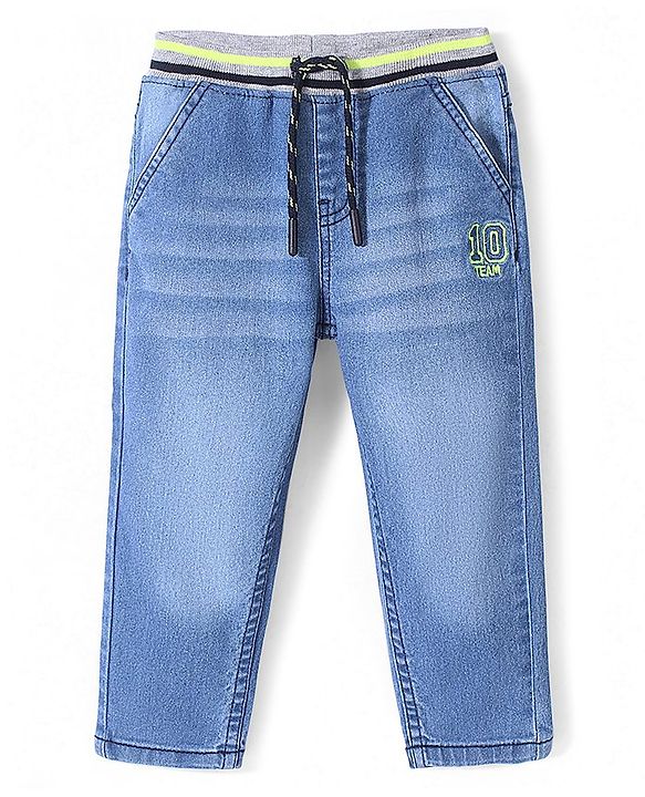 Babyhug Denim Full Length With Stretch Joggers Number Embroidery - Blue