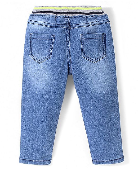 Babyhug Denim Full Length With Stretch Joggers Number Embroidery - Blue